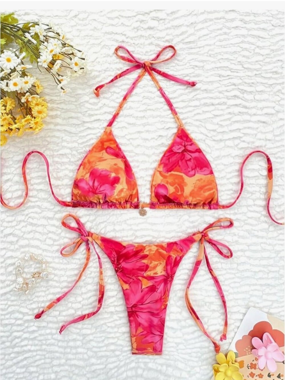 Women's 2 Pc Boho Floral String Bikini Set Halter Triangle High Cut Swimsuit  S